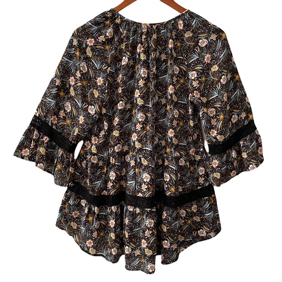 DR2 V-Neck Floral Tunic Top Ruffles Embroidered Trim Tassel Tie 3/4 Sleeve - Picture 6 of 11